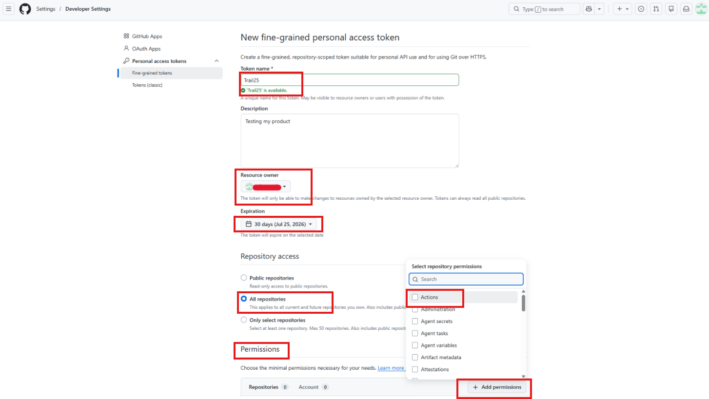 Token name, resource owner, expiration, All repositories