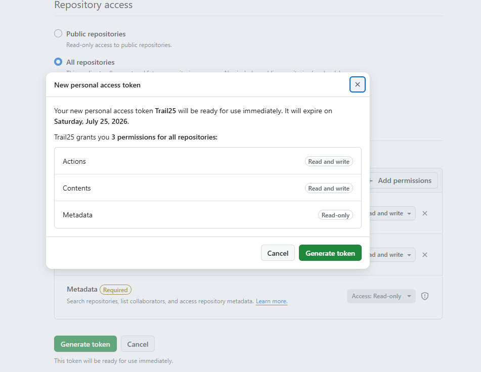Generate token confirmation dialog